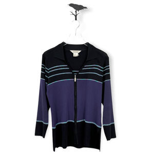Exclusively Misook Black Purple Striped Zip Up Long Sleeve Knit Cardigan Size S